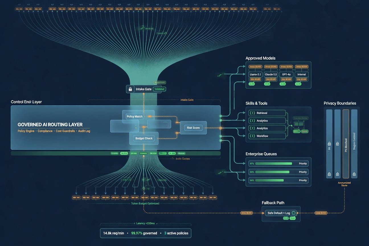 Governed AI routing final CTA visual for the Routelligent page