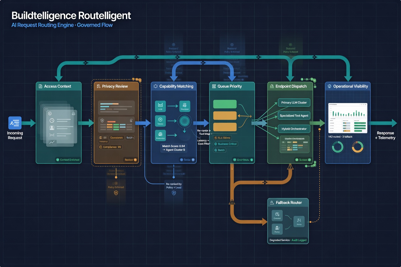 Enterprise AI routing flow visual for Routelligent showing governed request movement across stages