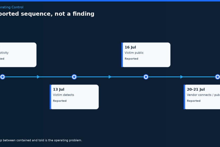 Dark timeline graphic titled Reported sequence, not a finding, marking dated agent incident milestones