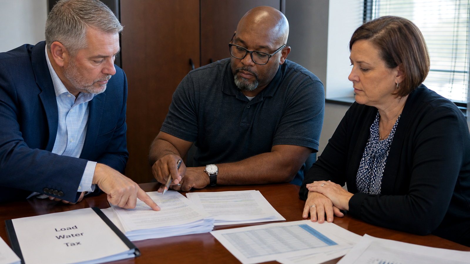 County finance, utility, and clerk staff review a large-load packet covering power, water, and tax at a municipal working table.