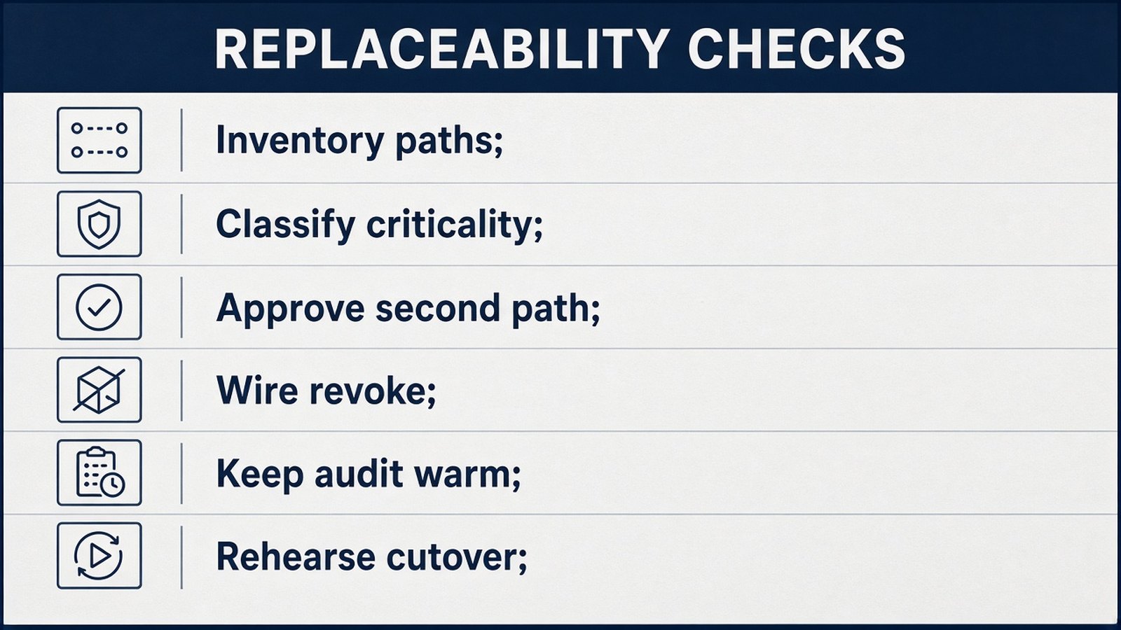 An operator checking a six-item wall list for inventory, criticality, second path, revoke, audit, and cutover rehearsal before a frontier model interrupt.