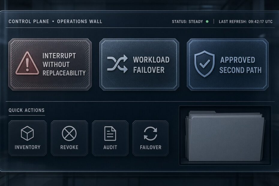Control-plane operations board stamped interrupt without replaceability, workload failover, and approved second path, with inventory, revoke, audit, and failover quick actions.